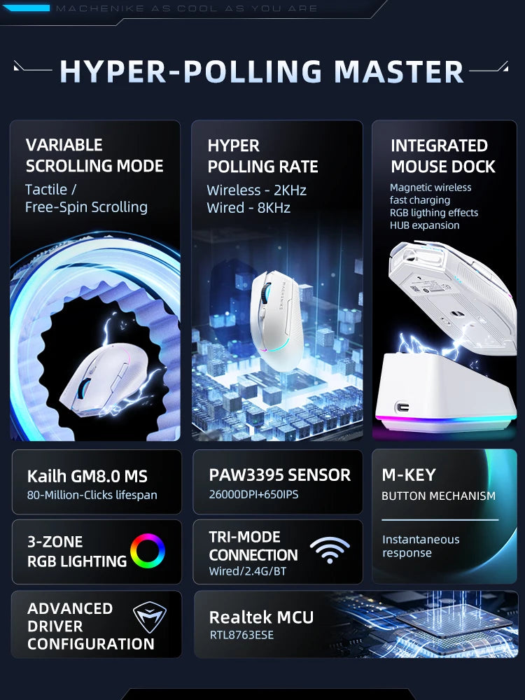 MACHENIKE L8Pro Wireless Gaming Mouse With Charging Dock PAW3395 Optical Sensor Adjustable Scroll 8K+2K Polling RGB For Gamer - Image 8
