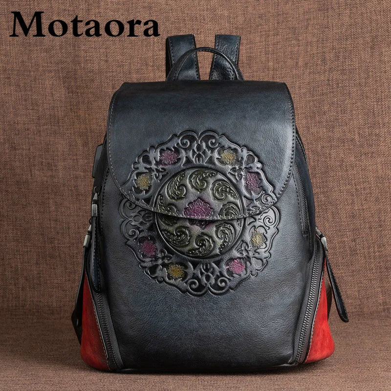 MOTAORA Fashion Backpack Retro Genuine Leather Backpacks For Women New Handmade Embossed Vintage Bag China Style Backpack Ladies - Image 3